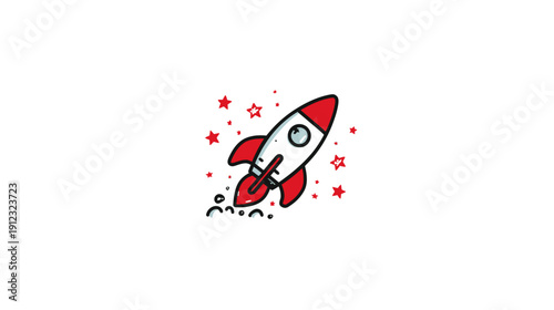 A cartoon rocketship in red, white, and black with stars on a white background
