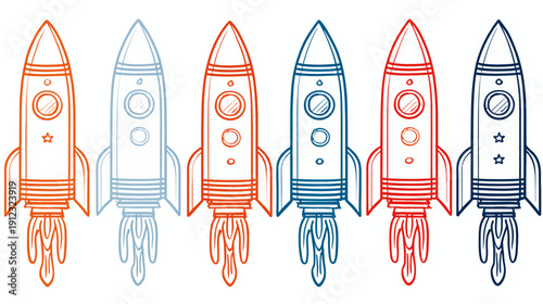 Six stylized rockets in varying colors with flame trails. Each has a circular window and stars