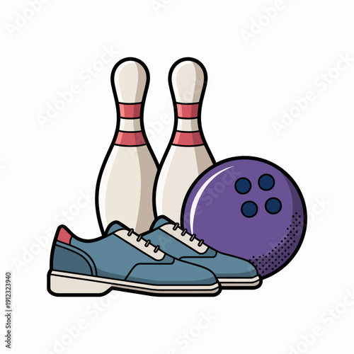 Bowling pins, a ball, and a pair of shoes are visually T
