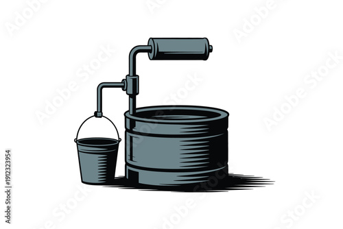 Water well illustration with bucket provides essential resource collection for.