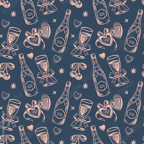 Hand-drawn seamless pattern with champagne, glasses, hearts and cherries in pink on dark navy. Romantic celebration vibe for Valentine, Galentine and bachelorette party designs