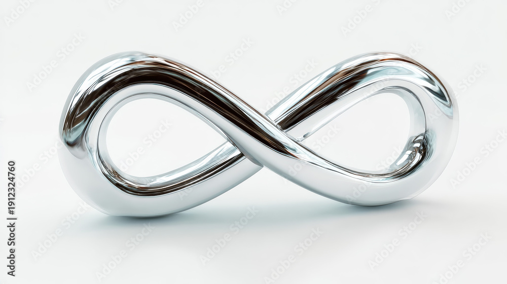Fototapeta premium Shiny Chrome Infinity Symbol on White Background, Minimalist Concept for Modern Design Projects