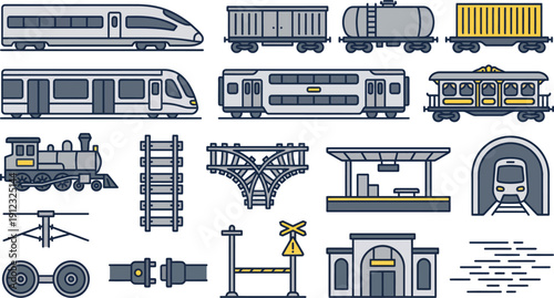 Collection of various stylized railway transportation elements including trains, tracks, and station infrastructure