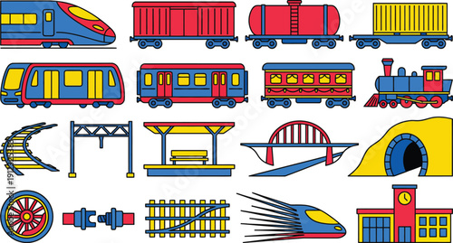 Collection of colorful illustrated icons depicting various types of trains and rail transport elements
