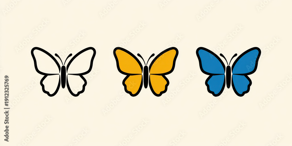 Naklejka premium Minimalist Butterfly Icons: Black Outline, Flat Design, Simple Shapes, Ideal for Branding and Web Design