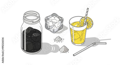 Refreshing charcoal lemon juice drink preparation elements