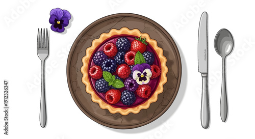 Delicious berry tart pastry with fresh fruits and cutlery