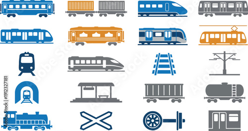Collection of diverse pixel art transportation icons representing various train and rail vehicle types.