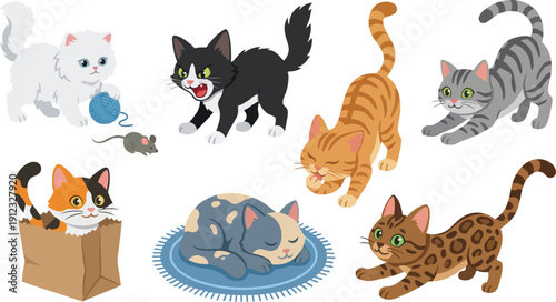Collection of adorable, playful cartoon kittens featuring various colors and fun activities.