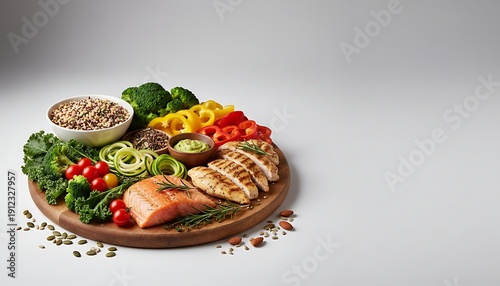 Clean Eating Healthy Food Concept with Salmon, Grilled Chicken and Fresh Vegetables on White Background