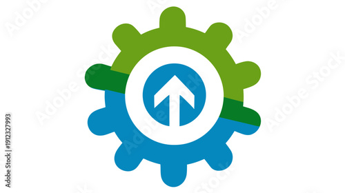 Gear-shaped logo with green, dark green, and blue segments, featuring a white arrow icon
