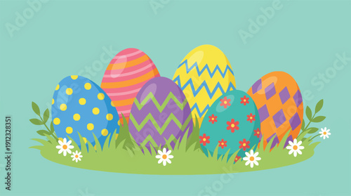 Colorful Easter Eggs with Unique Patterns and Designs on a Grassy Lawn