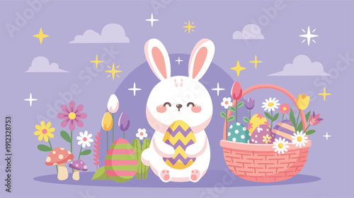 Adorable Easter bunny cartoon character holding egg surrounded by flowers and easter basket with eggs