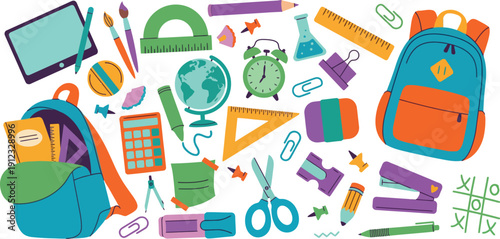 Colorful array of educational supplies and backpacks on a clean white background for learning