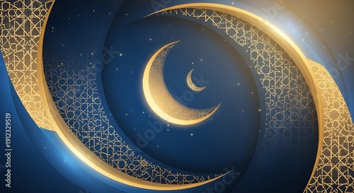 Elegant Blue and Gold Abstract Background with Shining Crescent Moons and Ornate Islamic Swirls, Perfect for Festive Celebrations and Cultural Events