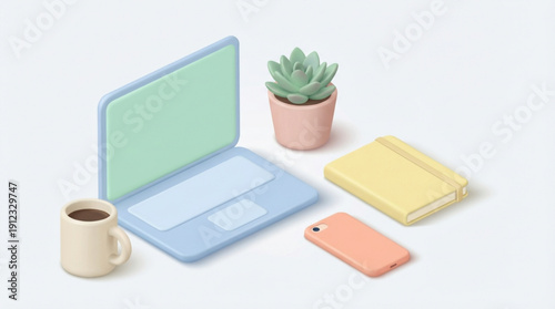 Colorful illustration of a laptop computer surrounded by office supplies and a plant on a white desk surface