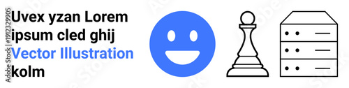 Technology, communication, strategy planning, emotional connection, user navigation, game dynamics. Blue happy face, black chess pawn server tower symbols with bold text. Communication and strategy
