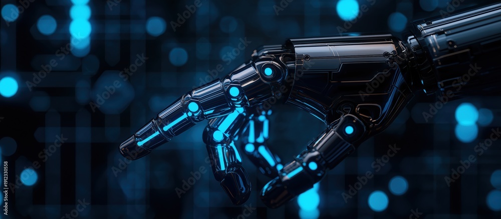 Fototapeta premium Robot hand with glowing blue lights on a dark digital background, representing artificial intelligence and advanced technology