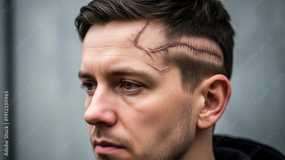 Fototapeta premium Adult male with visible surgical scars on his head, forehead, symbolizing recovery from a severe traumatic brain injury, a journey of healing, rehabilitation, medical resilience