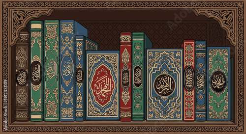 Decorated library shelf featuring a collection of hardcover books with ornate covers and historical design elements for artistic or educational