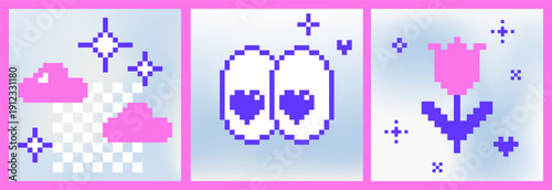 Set of 3 square love backgrounds. Pink clouds in retro 8-bit pixel style. Cute bold designs, heart eyes, romantic elements for digital love messages, stickers, social media posts, greeting cards