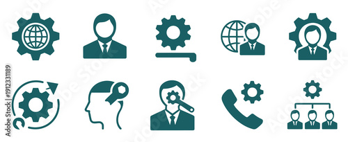 Global gear icon representing international industry, technology, manufacturing, engineering, automation, business solutions, industrial network, innovation, machinery