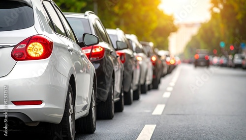 Cars waiting in traffic line on urban road representing daily commuting problem