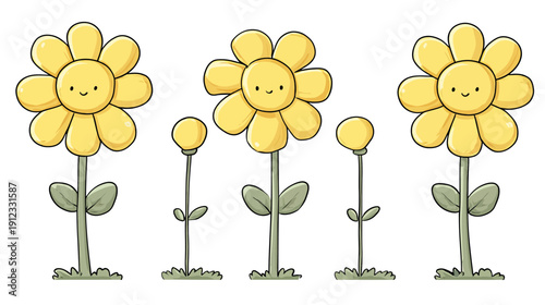 A cartoon depiction of three flowers, including two with petals and faces, and a few stems with buds