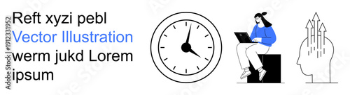 Time management, productivity, career growth, creativity, work organization, goal setting. A clock, a person working on a laptop and a human head with growth arrows. Time management and productivity