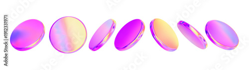 3D holographic coin with glass texture and neon gradient glow. Futuristic purple crypto money icon with iridescent light effects. Circle liquid crystal, podium flying. Vector render illustration