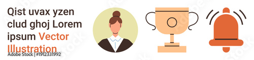 Business recognition, success, alert system, professional identity, achievement, motivation. Female silhouette, trophy bell icon. Business recognition and success concept