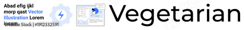 Nutrition, business analysis, vegetarian lifestyle, data visualization, creative design, marketing. Text reading Vegetarian with gear and chart symbols. Nutrition and business analysis concept