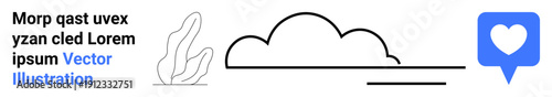 Communication, connection, social media, speech, minimalism, digital interaction. A cloud, abstract plant and heart in a speech bubble. Communication and connection for digital platforms