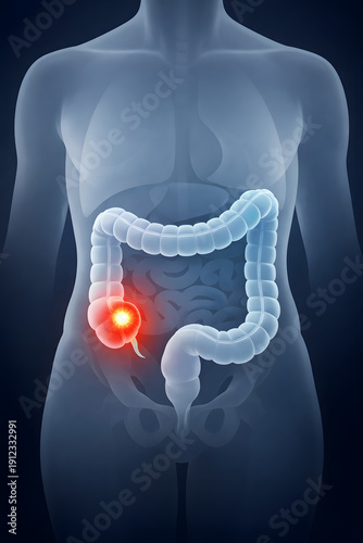 Clean minimalist medical illustration of the human abdomen with semi-transparent body silhouette, simplified colon anatomy and a single glowing tumor focus on a dark gradient background.
