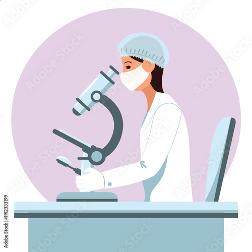 Female scientist, doctor, analyzing a sample under a microscope in a laboratory