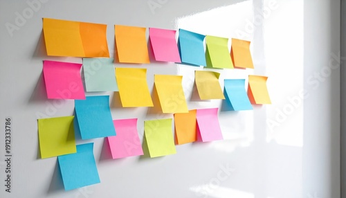 A collection of colorful sticky notes arranged on a white board, each bearing the potential for ideas and organization.