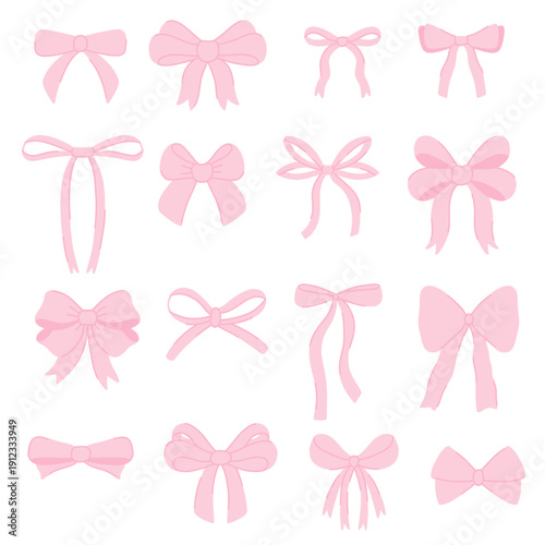 Collection of various pink ribbon bows in different styles and sizes