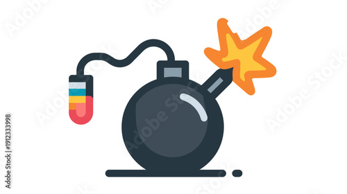A cartoon-style illustration of a bomb, round with a lit fuse, and a colorful container