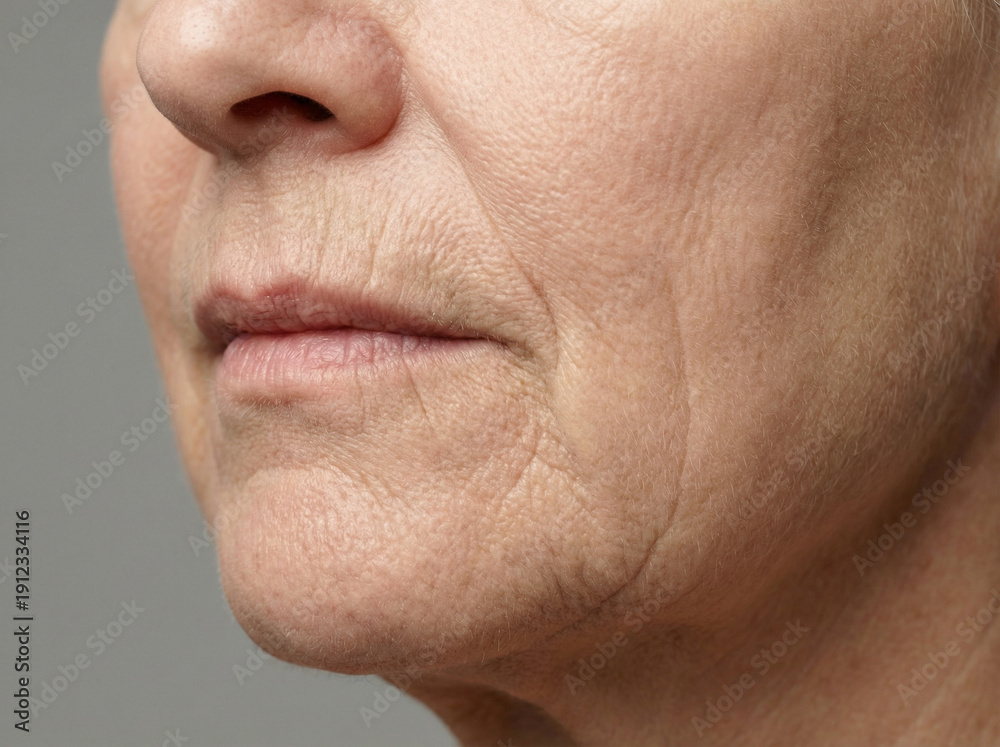Fototapeta premium Mature facial skin with natural folds and wrinkles on elderly woman 
