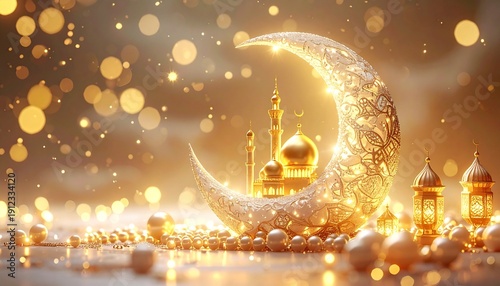 Spiritual Ramadan Night – Golden Mosque and Moon Illustration