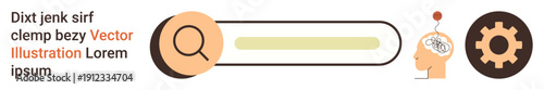 Innovation, knowledge, search tools, problem-solving, technology, ideas. A search bar with a magnifying glass, brain with bulb and gear icon. Knowledge and innovation concept visualization