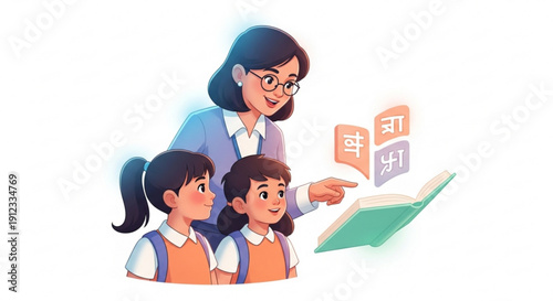 Woman teacher reading book with two happy children in classroom setting