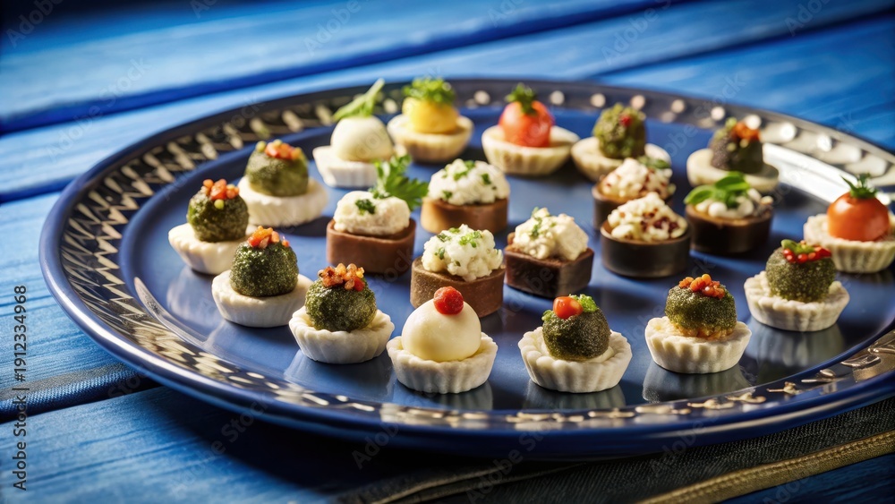 Fototapeta premium Miniature savory delights line up on a charming platter with an assortment of sweet and tangy fillings