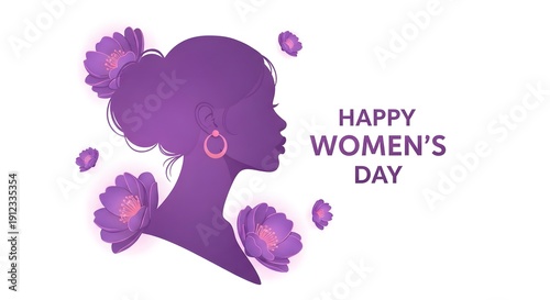 Happy women's day celebration with purple silhouette and flowers