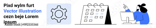 Gear icon, desk calendar with marked dates, and person engaging with desktop computer. Ideal for productivity, planning, workflow, project management, time management, teamwork and simple landing