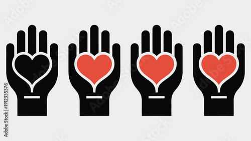 Heart in hand icons set, healthcare and medical donation concept, giving aid illustrations, hands holding heart icon set, charity and support symbols, flat and line style vector icons, 