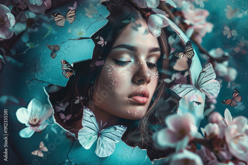 Woman Emerging from Cracked Eggshell Surrounded by Butterflies and Flowers, Concept of Rebirth and Transformation