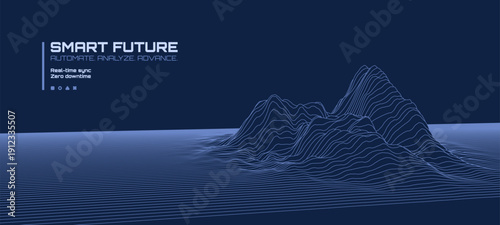 Blue abstract mountain contour line wave with text Smart Future. Concept of big data visualization for technology background.