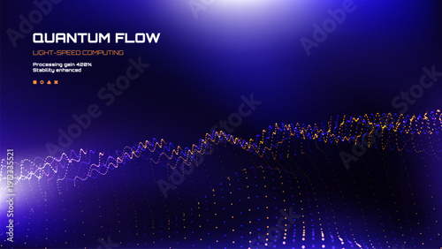 Quantum flow abstract background with light-speed computing text. Digital wave with glowing particles. Innovative technology concept for science and data.