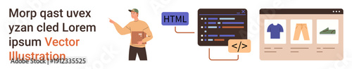 Web design, coding, e-commerce, frontend development, software creation, programming education. Developer presenting code and online store layout. Web design and e-commerce concept